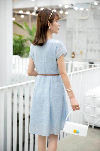 夏季新款气质提花淑女蓝色连衣裙，女装连衣裙，水锦红