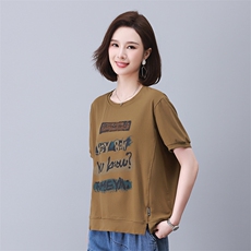 时尚宽松印花拼接短袖T恤女夏季新款韩版百搭显瘦休闲上衣，女装衬衫，叶笙衣