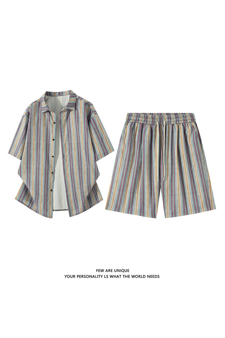 休闲条纹套装男抖音品质夏季日系宽松百搭一整套-A2130TP55控78,男装休闲套装,电商B241