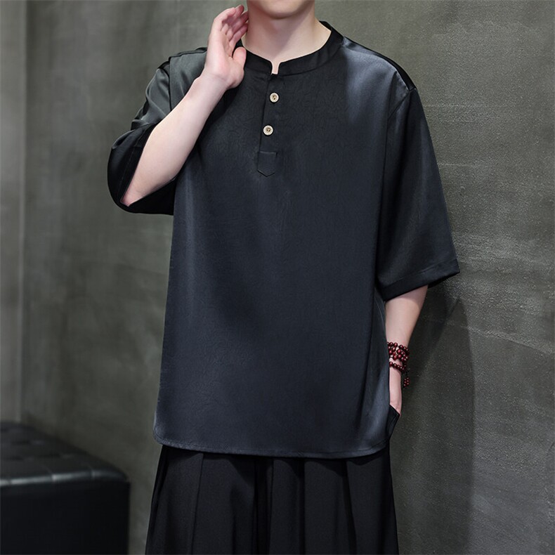 夏季新款醋酸缎面立领短袖风新中式垂感五分袖大码T恤T815P55，男装T恤，电商A021A