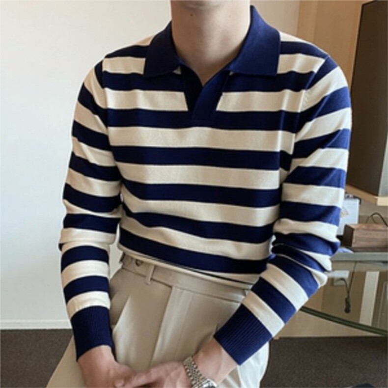 长袖T恤男春秋季翻领色织条微弹百搭新款时尚休闲套装,男装T恤,星座218-8
