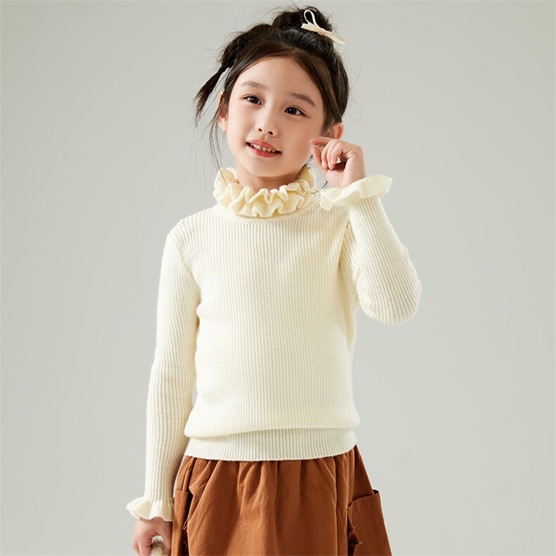 儿童羊毛精纺双层木耳领纯色女童毛衣打底衫，童装毛衣，初丹羊绒童装
