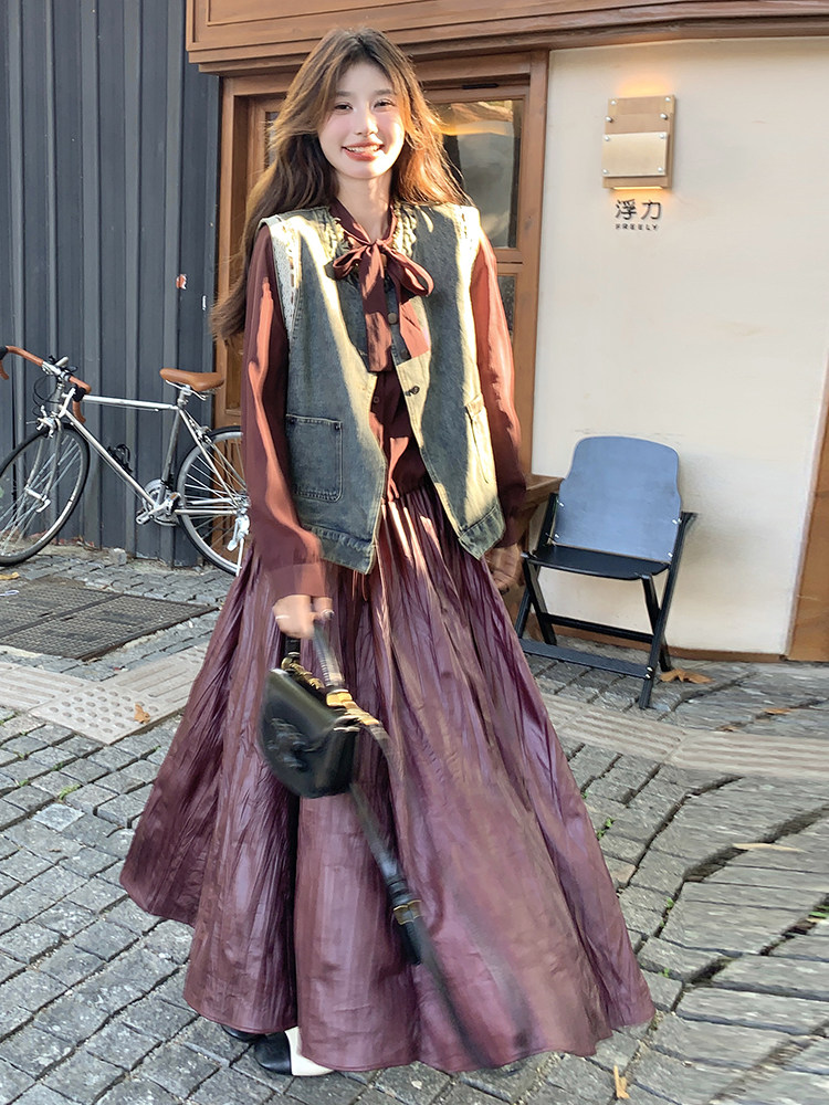 安哥拉红温柔风套装裙女秋一整套穿搭牛仔马甲打底衫半身裙三件套,女装套装/套裙,浙宝069