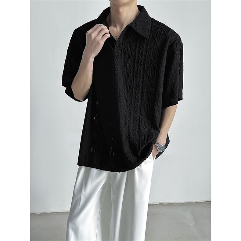 polo衫短袖男老钱风夏季美式麦穗纹提花翻领T恤-A2409P30，男装T恤，电商B241