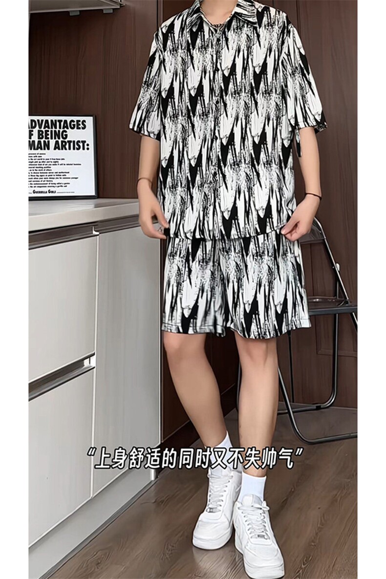 短袖衬衫男+短裤男套装男100%聚酯纤维M-5XL大码TZ78721P50控98,男装牛仔裤,星座226-1