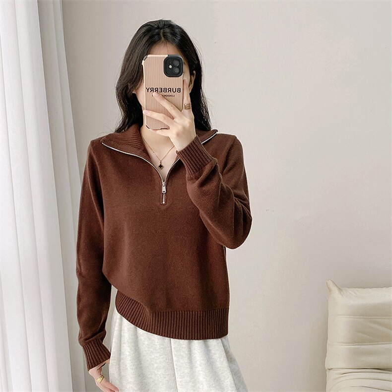 秋冬妈妈装羊毛加厚半开领套头拉链羊绒衫外穿内搭毛衣针织衫，女装羊毛衫，米莲尼羊绒