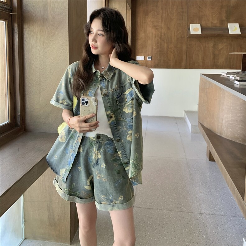韩系牛仔套装女2025夏季新款时尚减龄洋气减龄短袖衬衫短裤两件套,女装套装/套裙,2C213