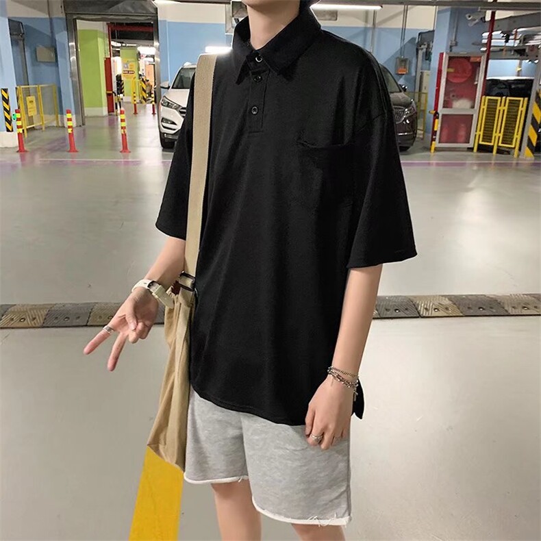 夏季美式日系短袖男生潮牌宽松港风t恤工装翻领polo衫潮流帅气,男装工装外套,星座1013