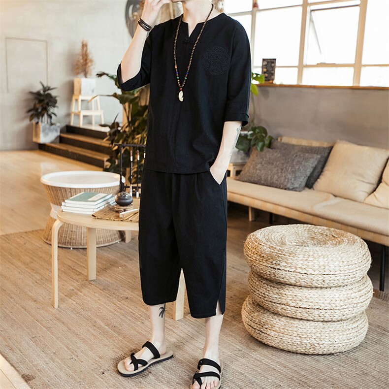 W19P80咖啡厅风棉麻盘扣纯色潮流七分T恤套装百搭春夏装青年，男装休闲套装，电商A026