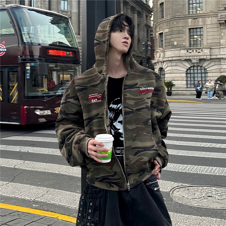 复古美式迷彩开衫卫衣男款春秋季欧美街头hiphop痞帅拉链连帽外套，女装短外套，四季星座505