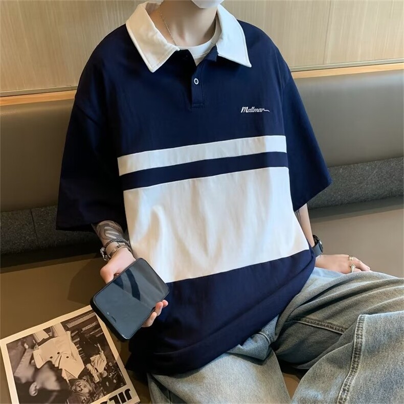 短袖t恤男夏季美式复古宽松潮流撞色翻领半袖polo衫WB069-P32图片