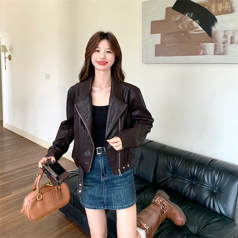 酷飒风咖色皮衣外套女春秋2025新款小个子高级感短款机车夹克爆款,女装皮衣,2C022