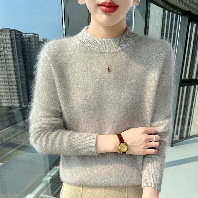 重磅加厚花纱圆领针织打底衫女2025新款长袖保暖显瘦上衣貂绒衫韩，女装针织衫/毛衣，冬贝尔貂绒