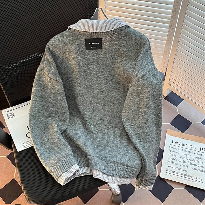 港风春款男慵懒假两件V领撞色毛衣外套M914P55,男装针织衫/毛衣,星座1013-1