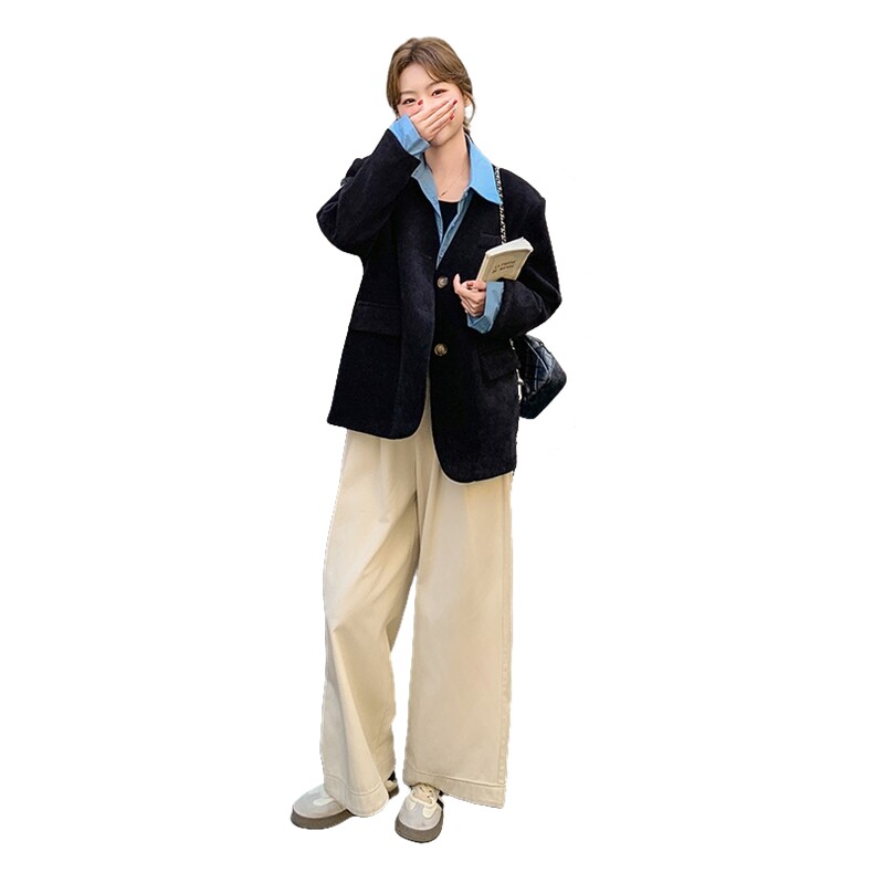 假两件衬衫拼接黑色灯芯绒西装外套女2025秋季气质高级感休闲西服,女装短外套,2C176