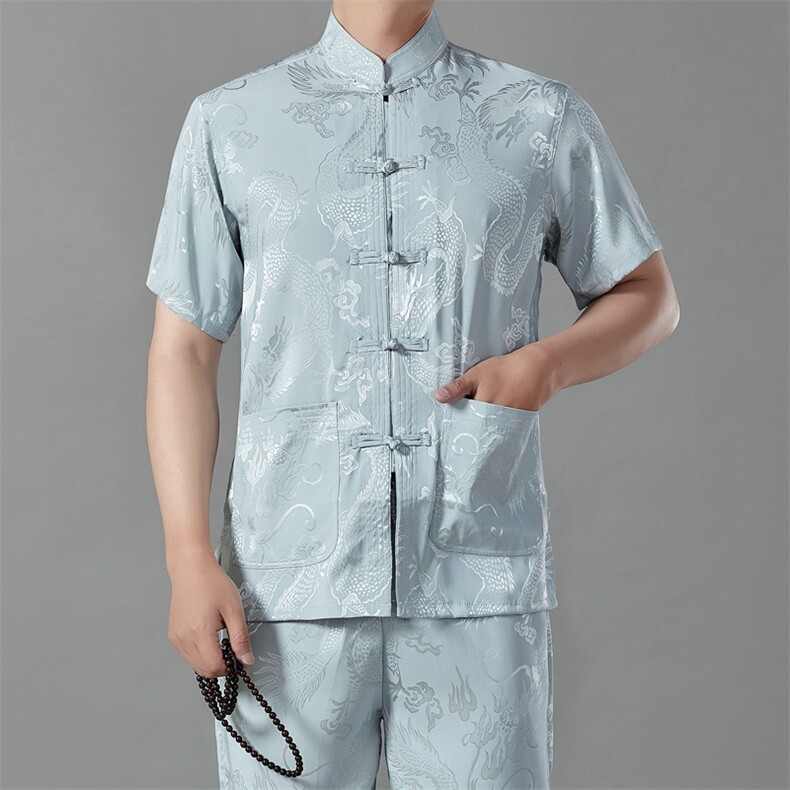 唐装冰丝男短袖套装中老年汉服春夏爸爸装男风老人爷爷太极服,男装民族服装,电商B212（原钱塘6029）