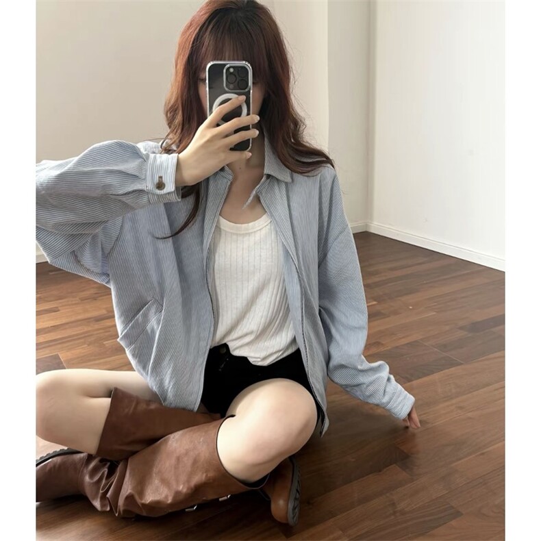 网图欧若风松弛极简蓝白条纹翻领外套JK401-P70,女装短外套,星座1213