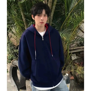 抖音得物二开美式高街重磅结构双层撞色连帽卫衣开衫外套W116图片