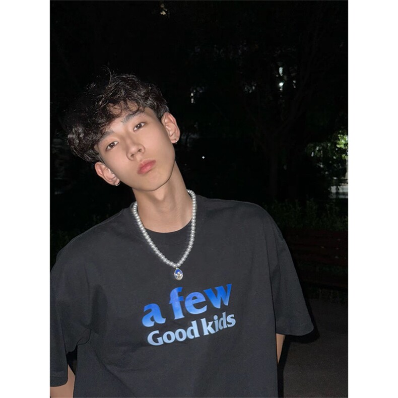 抖音得物供货210克现货宽松纯棉美式潮牌印花落肩袖纯棉T恤AT2183,男装T恤,电商A443