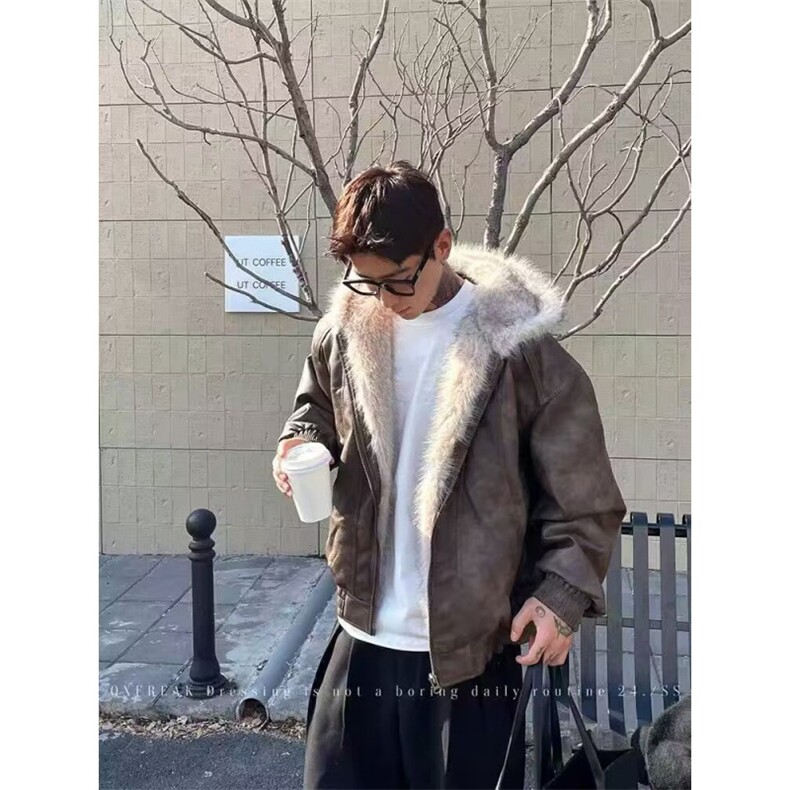 大毛领PU皮外套男连帽冬季棉服宽松M094-P108,男装棉衣,星座308B-2
