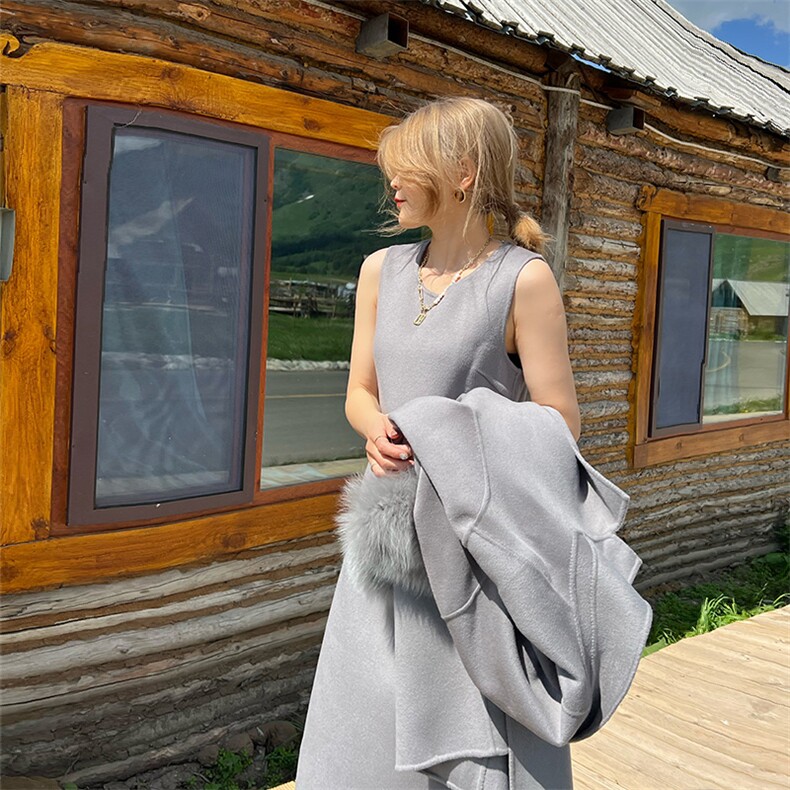 2025年夏季两件套毛毛袖外套大衣背心裙时尚百搭简约大方，女装套装/套裙，蒙绒特