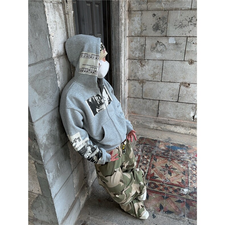 美式贴布印花设计连帽卫衣休闲男女宽松开衫帽衫外套WY6003P62,女装短外套,星座1013-5