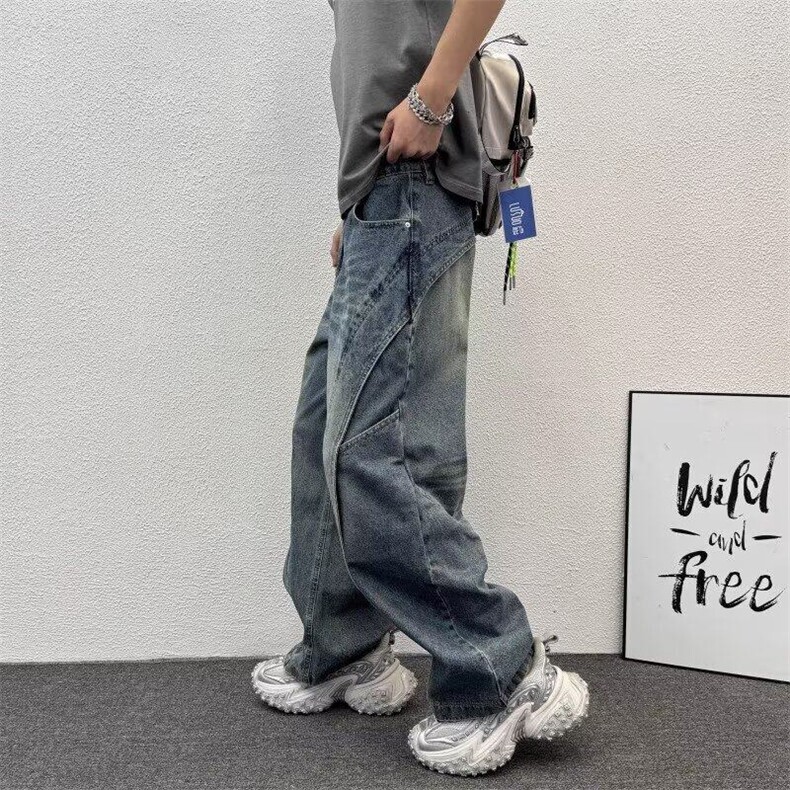美式复古拼接解构阔腿牛仔裤男女小众设计感宽松直筒潮牌长裤,男装牛仔裤,星座410-7