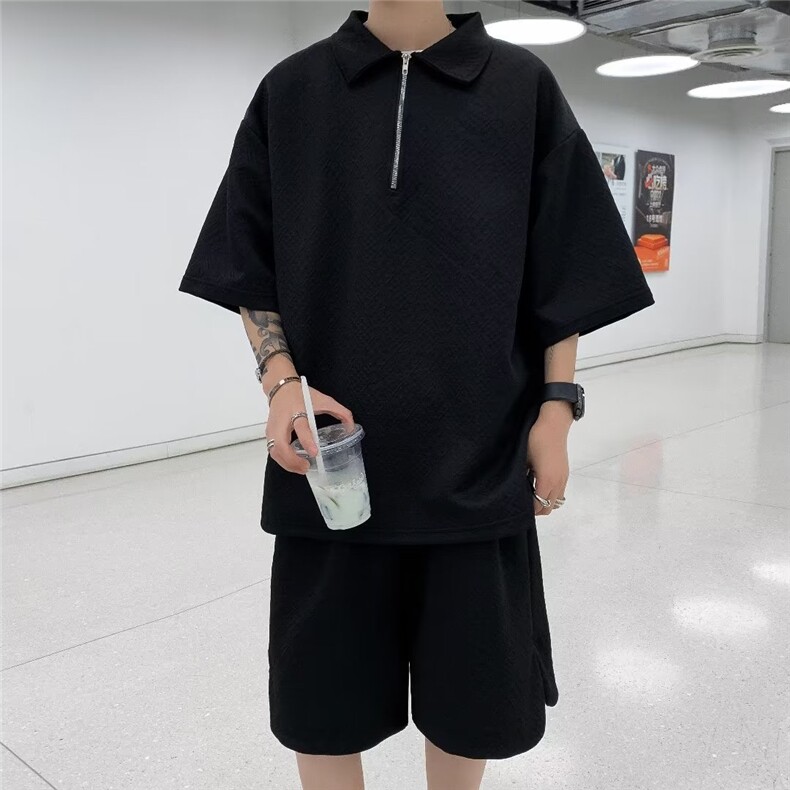 简约半拉链polo领t恤短裤两件套夏季男女纹理休闲套装W4867-P49,男装休闲套装,星座412-3