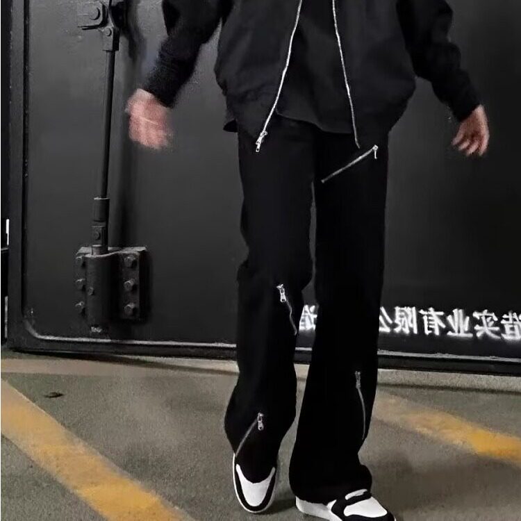 高街拉链小众黑色加绒牛仔裤潮牌复古直筒微喇裤子K6087-P48网图,男装牛仔裤,电商B245