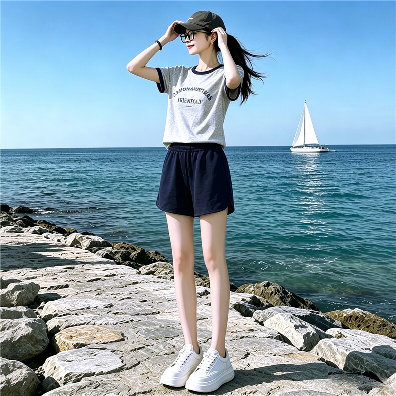 休闲时尚运动套装女夏新款圆领字母印花短袖上衣蓝色短裤两件套潮,女装套装/套裙,江南