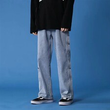新款牛仔裤韩版潮流宽松排扣裤子直筒阔腿长裤潮牌春秋季8858-p40图片