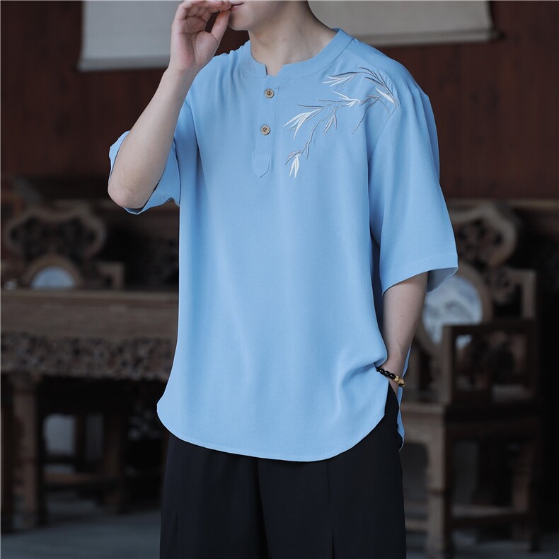夏季冰丝立领短袖夏季凉感风刺绣新中式大码垂感T恤男T812P55,男装T恤,电商A021A