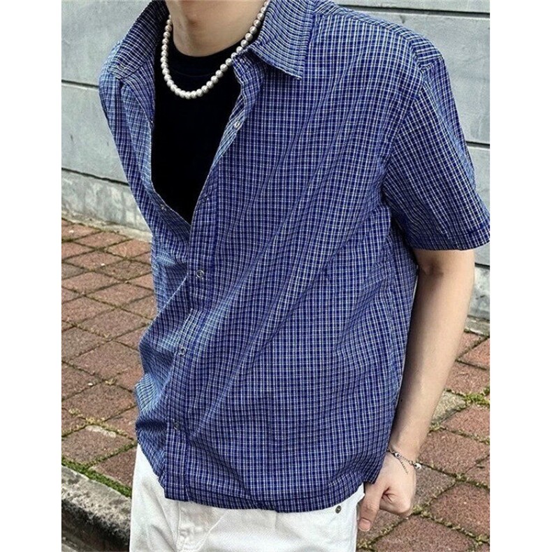 格纹短袖衬衫男初夏穿搭抽绳格子衬衣老钱风半袖外套 C217图片