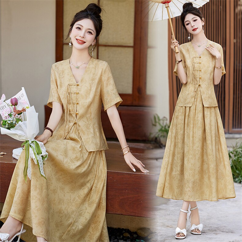 夏季新款天丝印花新中式两件套裙优雅显瘦气质女装套装，女装套装/套裙，大掌柜