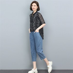 2022夏季新款文艺时尚印花牛仔套装 显瘦修身气质女装两件套图片