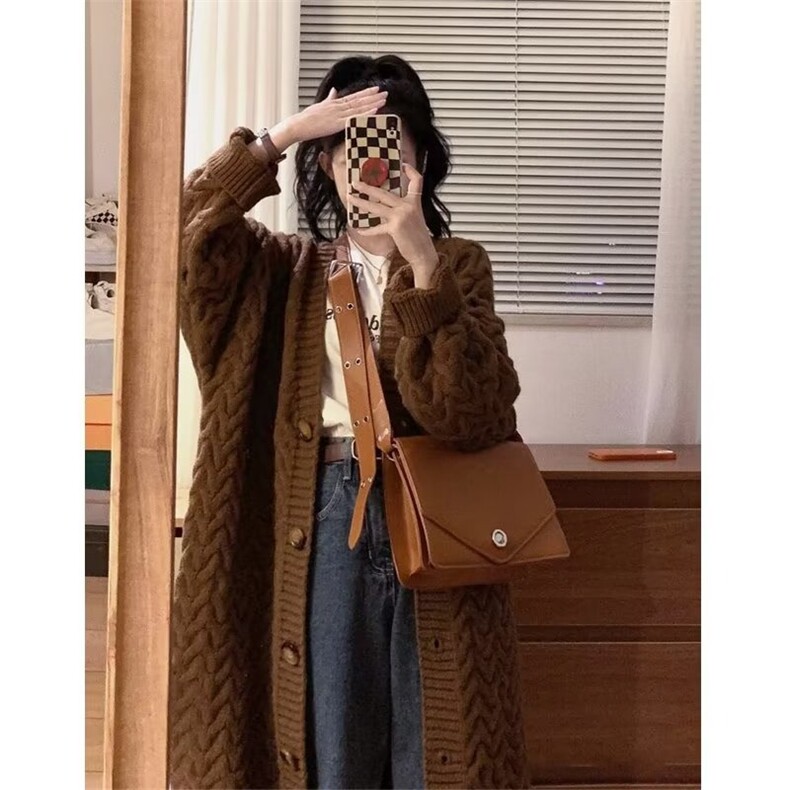 慵懒风纯色中长款毛衣开衫女春秋冬小众设计感过膝针织衫宽松外套,男装针织衫/毛衣,星座1210-1