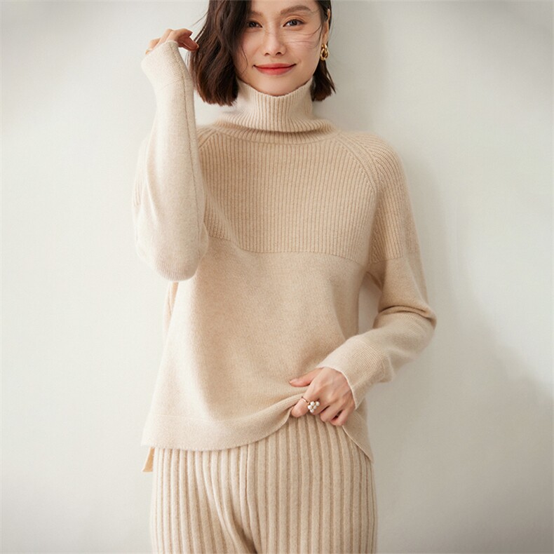 时尚高领开叉女士羊绒衫舒适保暖显瘦毛衣套装,女装羊绒衫,迎冬羊绒