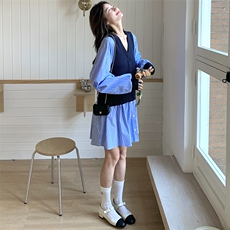 假两件条纹衬衫女2024春秋季新款设计感洋气拼接圆领百搭潮流上衣，女装连衣裙，浙宝208