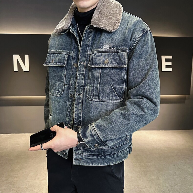加绒加厚牛仔外套男秋冬季2025新款毛领夹克上衣服A313-6858-P165,男装工装外套,电商A313