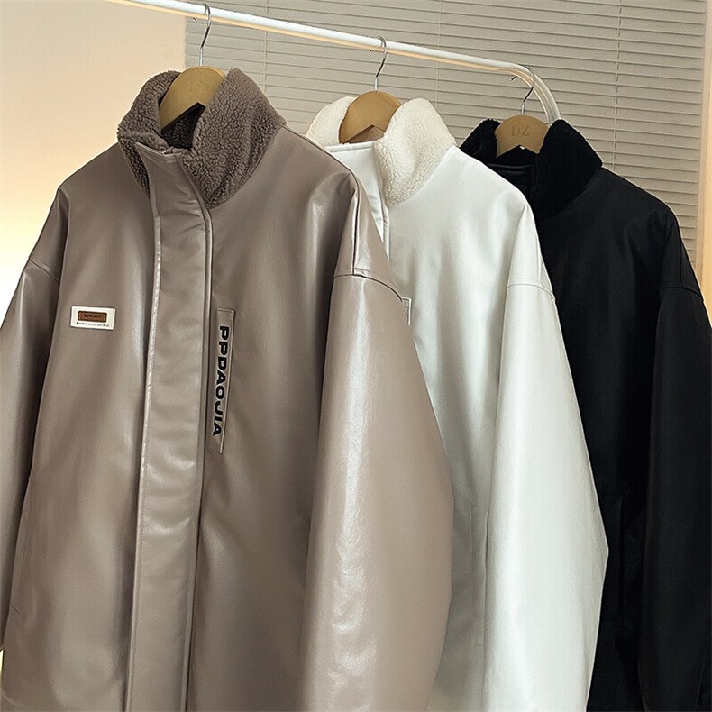 特批P100无差价大码贴标字母印花PU皮立领棉服男加厚皮衣外套M91,男装棉衣,电商A001-1