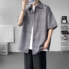 8XL-M短袖衬衫男夏宽松慵懒风痞帅条纹格子衫半袖外套DC28005P40，男装衬衫，电商B312