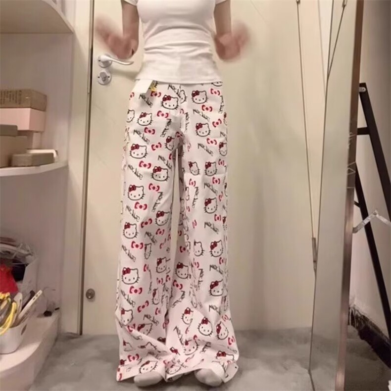 满印HelloKitty阔腿裤女生夏季宽松显瘦直筒裤慵懒百搭休闲拖地裤,男装休闲裤,星座1210-1