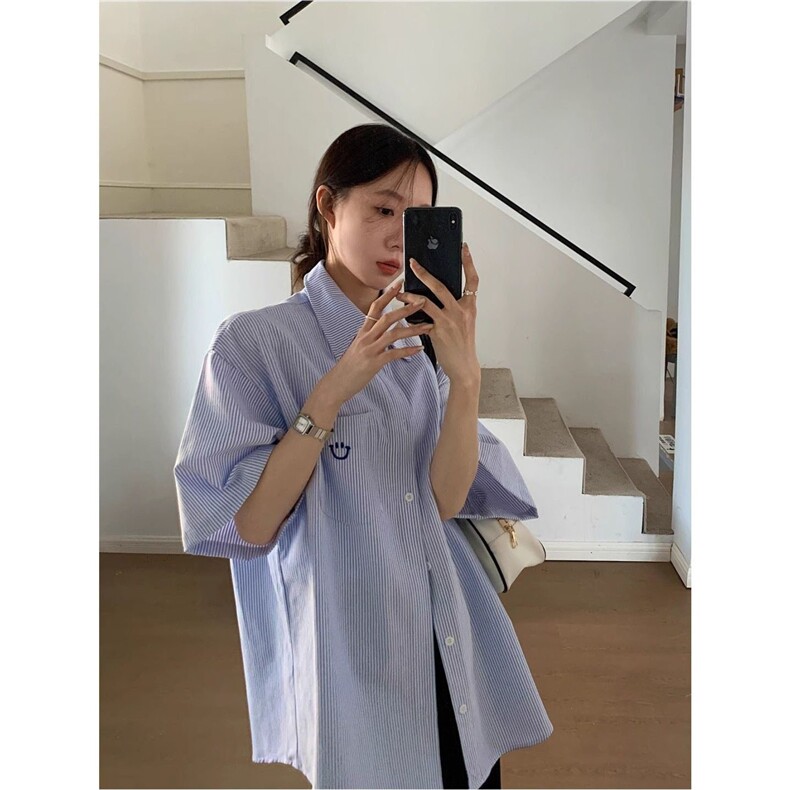 多巴胺笑脸刺绣短袖衬衣女男夏季潮牌宽松翻领条纹衬衫T恤ins,男装衬衫,星座506A