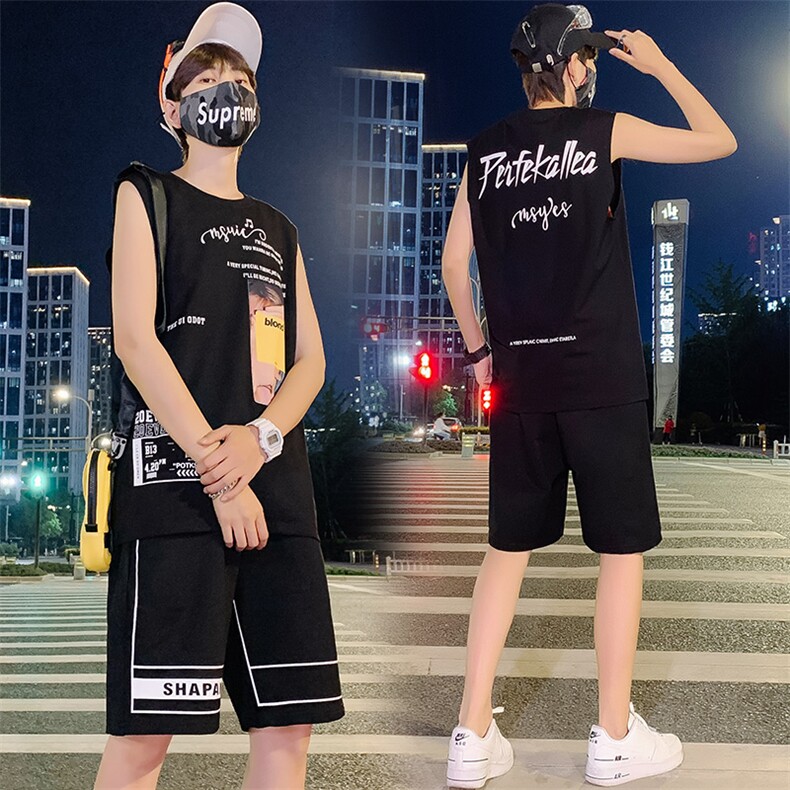 2021青少年新款男女情侣装薄款纯棉卡通宽松背心套装男TZ258,男装背心/马甲,电商A441