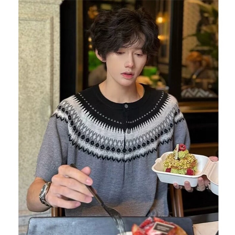 美式复古费尔岛撞色圆领短袖t恤女夏季设计感百搭亨利领针织上衣,男装T恤,星座506A
