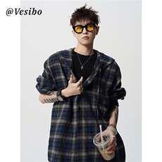 网络图现货美式复古撞色格纹连帽新款宽松慵懒百搭衬衣JC555-P40，男装衬衫，星座715-7