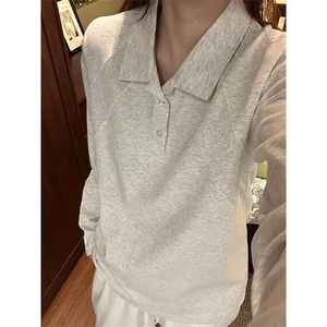 抖音得物高品质美式高街重磅曼巴棉结构螺纹拼接翻领卫衣长袖T恤图片