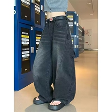 美式复古水洗弯刀设计感情侣牛仔裤宽松阔腿男女长裤子L20455-P58，男装牛仔裤，星座1008