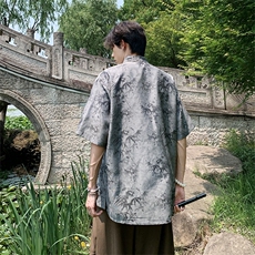 夏季新中式2024亚麻风新款竹叶提花短袖上衣CS35-P65控88，男装T恤，电商A021