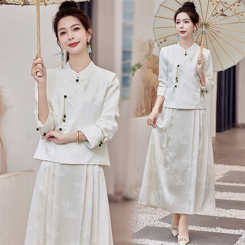 芷墨新款复古中式设计感套装春季百搭通勤显高显瘦复古盘扣两件套，女装套装/套裙，芷墨服饰